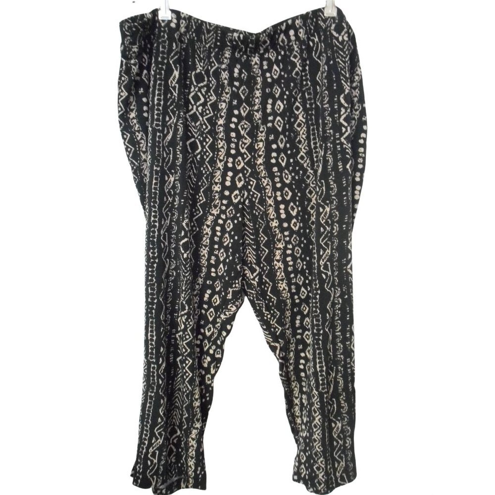 Susan Graver QVC Sz 1X black beige tribal cropped Pants elastic waist stretchy